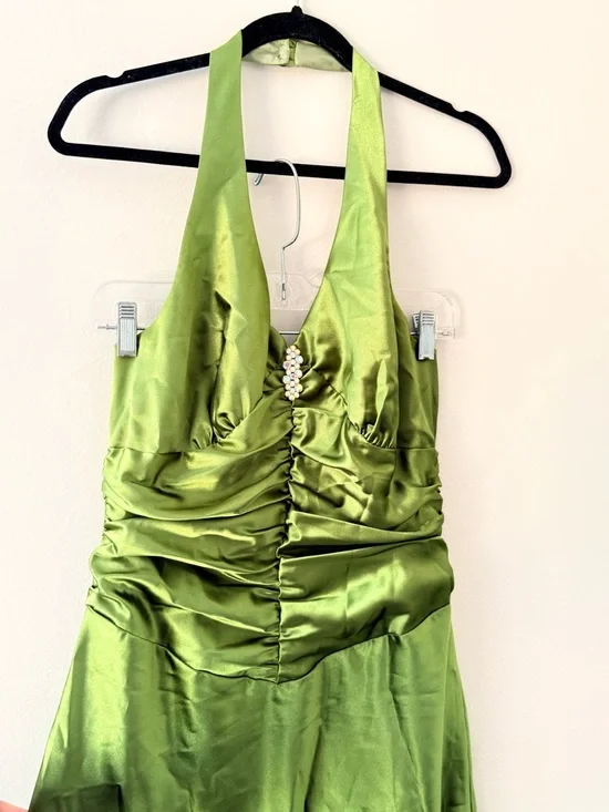 Vintage 90s Satin Slip Green Prom Dress Halter Rouched Maxi Gown Size 13/14 - Picture 7 of 17